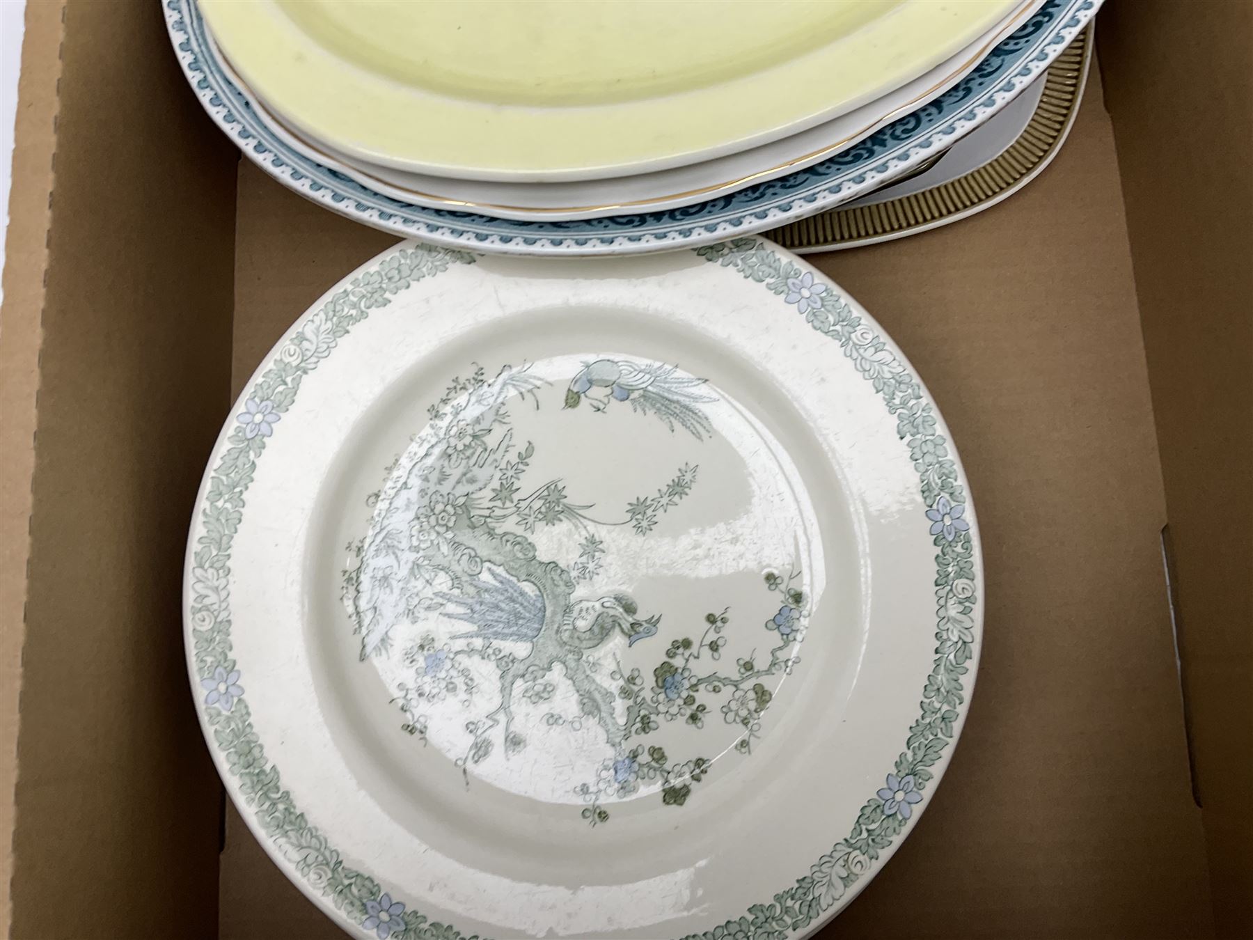 Two Poole Pottery dinner plates and a meat plate, four Copeland Spode Bermuda pattern dinner plates, Sadler jug, Keele St Pottery cottage tea wares, Torquay Motto ware, blue and white jug and bowl, two large planters and other ceramics, etc, in four boxes 