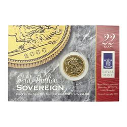 Queen Elizabeth II 2000 gold full sovereign coin, on card