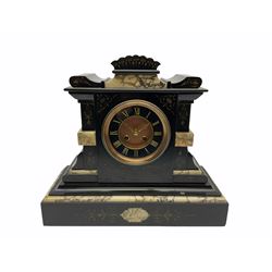 Late 19th century twin train French eight-day rack striking mantle clock with a recoil escapement striking the hours and half hours on a coiled gong, dial with a recessed gilt centre and black slate chapter ring with gilt incised Roman numerals, brass Fleur de Lis hands, cast brass bezel and bevelled glass, movement stamped “ japy freres”, Belgium slate case with incised decoration and applied panels of contrasting veined white marble on a rectangular stepped plinth, flat top with a shaped pediment and carved radiating crown. 
With pendulum and key 
