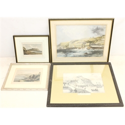 Edward Francis Finden (British 1791-1857) after William Westall (British 1781-1850): 'Scarborough Castle and Bay', hand-coloured engraving, together with two 19th century lithographs of Scarborough and an engraving of Robin Hood's Bay after George Balmer, max 25cm x 35cm (4)