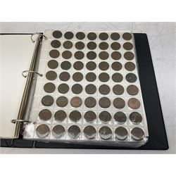 Mostly Great British coins, including pre 1947 silver halfcrowns and other coins, pre decimal coinage, small number of Queen Victoria bun head pennies etc, housed in a folder