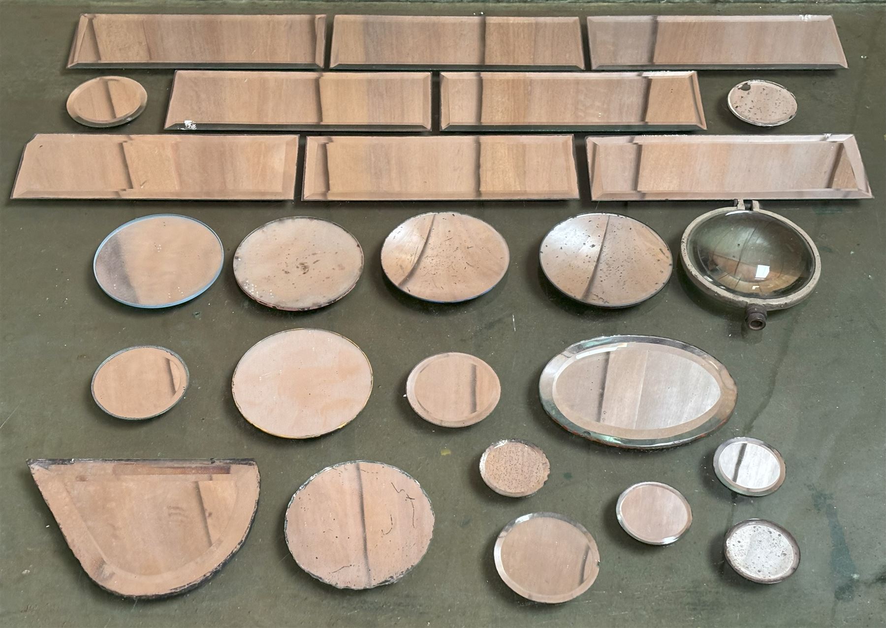 Group of early 20th century mirror panels, eight bevelled and of rectangular outline (23cm x 8cm) five circular concave, etc.  - COLLECTION BY APPOINTMENT FROM: The White House, Thirsk Road, Easingwold, York, YO61 3NF - CALL 01723 507111 TO ARRANGE