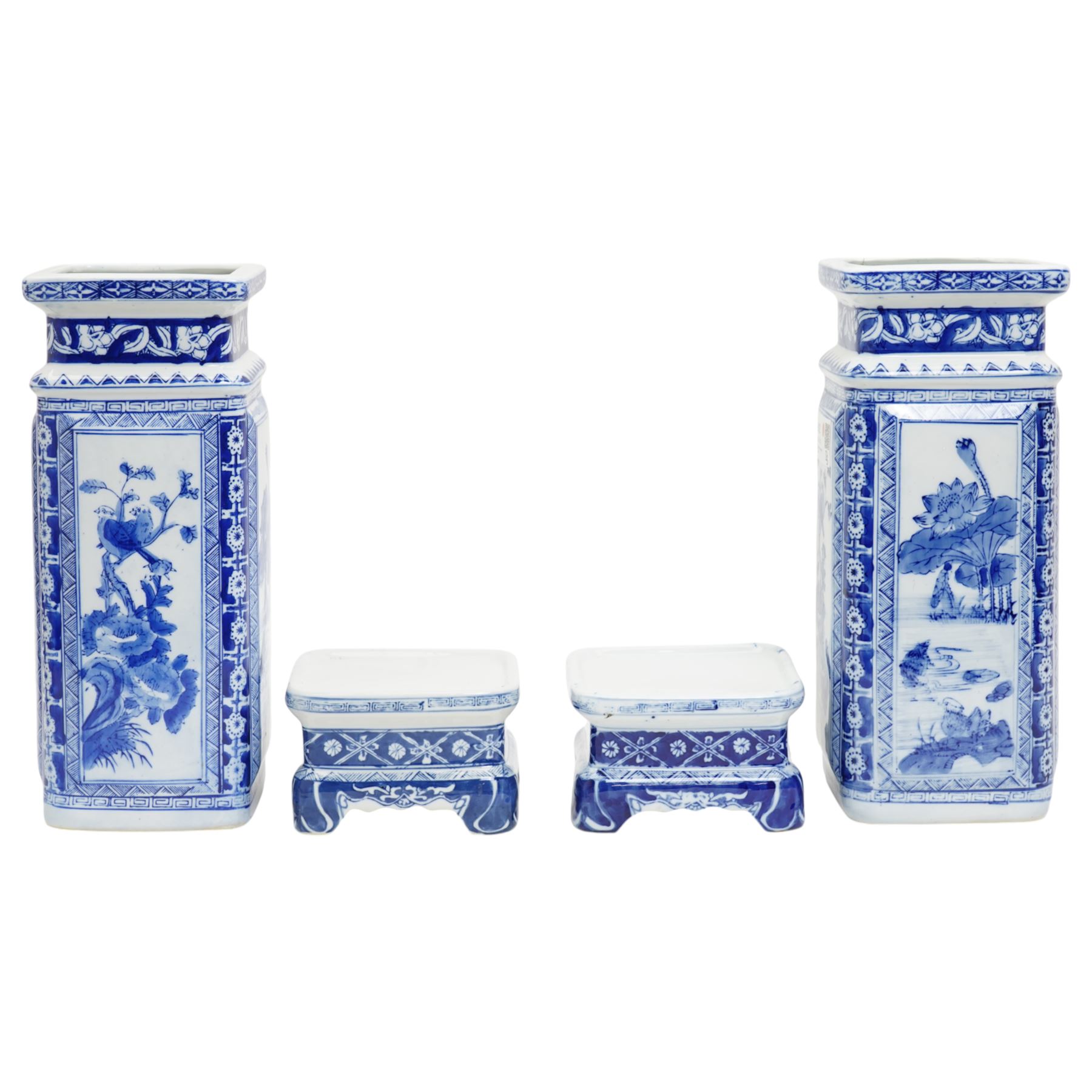 Pair of Chinese blue and white vases and stands, of rectangular form, decorated with panels of birds in nature, H43cm 