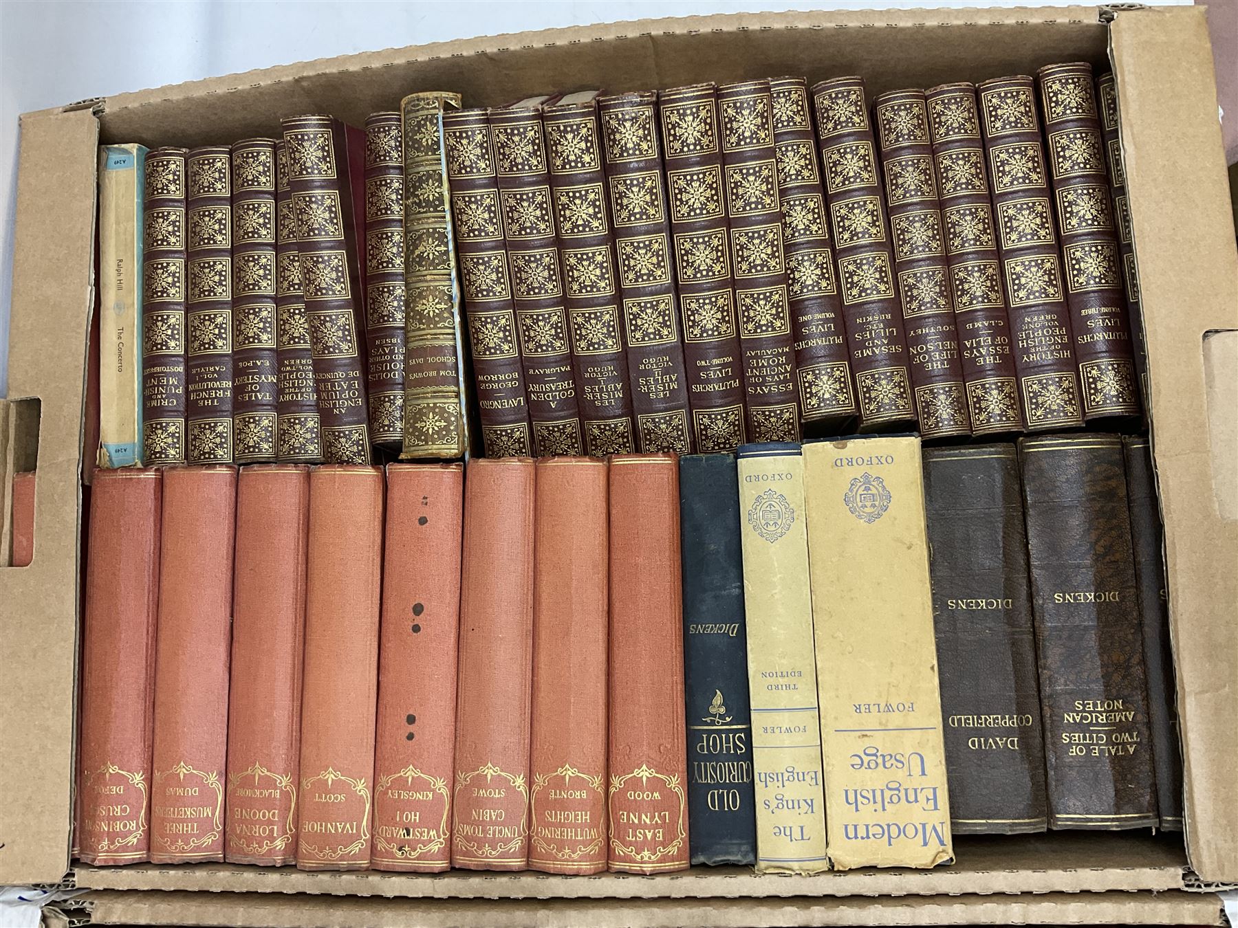 Collection of books, to include eight volumes of The Harmsworth Encyclopaedia, Dicken novels, readers digest books etc in five boxes