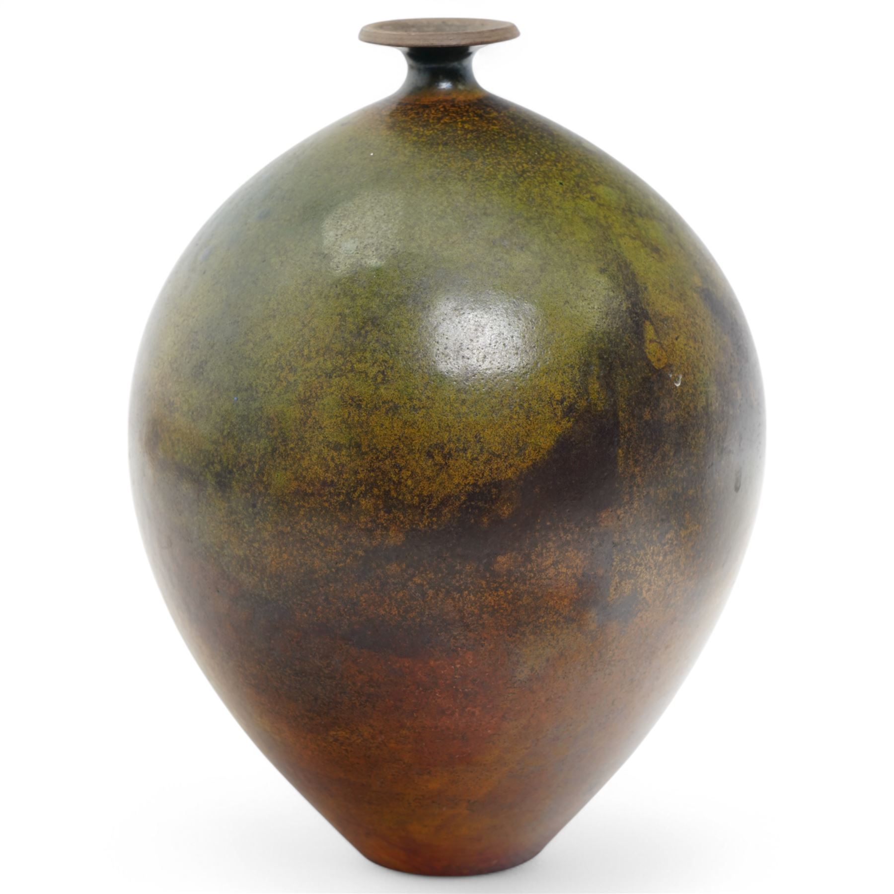 Andrew Hill (British 1964-); studio pottery raku stoneware vase of ovoid form, in shades of green and orange, with flared rim, incised AH mark to base, H23cm 
