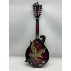 Eastern eight-string mandolin with red sunburst finish and mother-of-pearl inlay of eagles, clouds, trees etc L86cm; in fitted hard carrying case