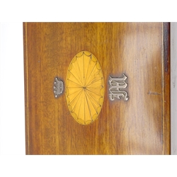 Edwardian inlaid mahogany correspondence box, the hinged lid opening to a polished mahogany fitted interior, the fall front with a gilt tooled leather writing slope, the parquetry inlaid mounted with a white metal crown and 'M', by S. Fisher, of 188 Strand, London. Provenance - from Wentworth Woodhouse Country House, H20cm x W31cm x D17cm   