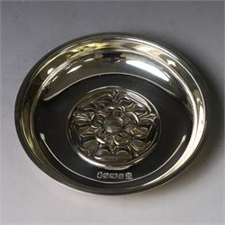 Late 20th century silver pin dish, of circular form with embossed Yorkshire Rose to centre...