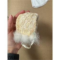 Two German bisque head dolls, to include a Franz Schmidt example with blue glass eyes and an Armand Marseille 590 example with applied hair, together with a Schoenau & Hoffmeister bisque doll's head, pair of doll's hands and a collection of clothing