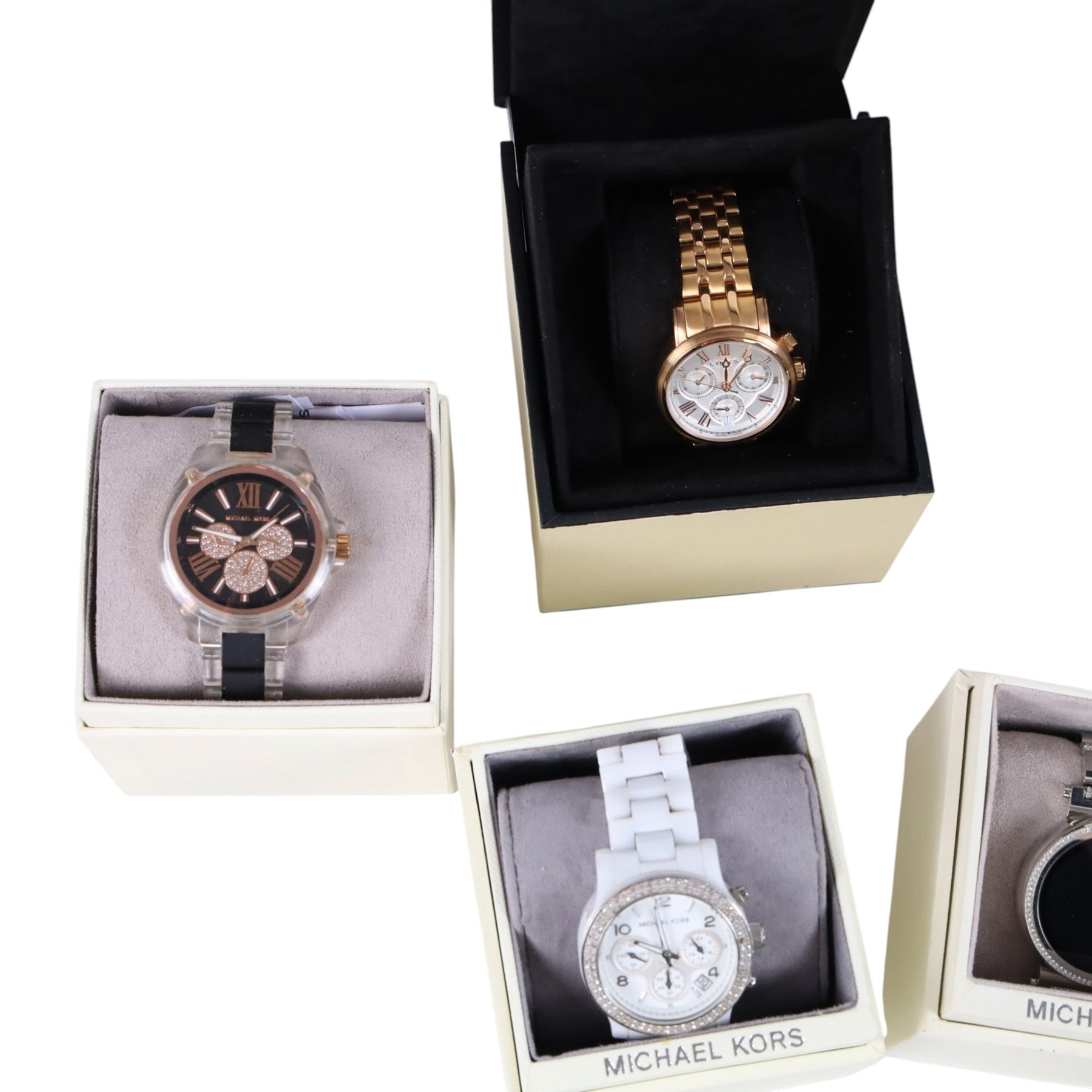 Collection of chronograph quartz wristwatches including three Michael Kors, two Links of London and two Thomas Sabo and Lorus, digital Michael Kors and Gard Pro Health Smartwatch 2 and four other quartz watches including Guinness, Links of London, Kamazzo Paris and a Hilfiger, mostly boxed