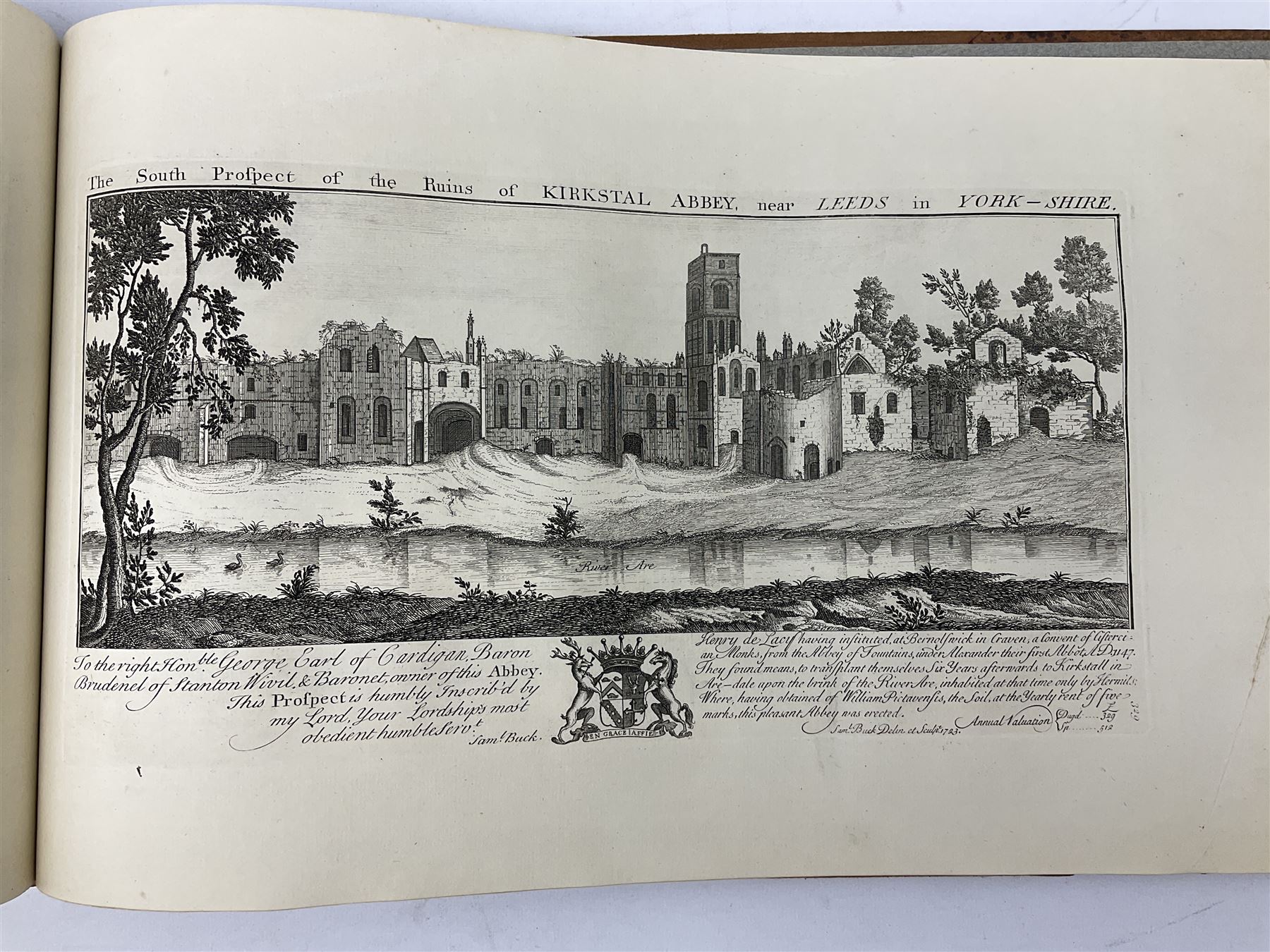 Samuel Buck: Ruins, Abbeys and Castles of Yorkshire. Bound collection of twenty-five engraved views dated 1720 - 1728 including Burstal Abbey Hull, Bolton Abbey, Whitby Abbey, Scarborough Castle, Malton Priory etc and list of subscribers; oblong folio; mottled half leather and suede binding by Etherington, Thorpe & Co., Pudsey