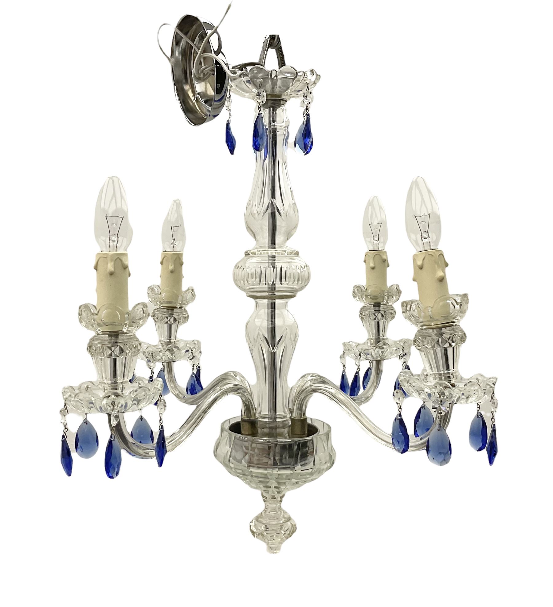 Glass four light chandelier, the baluster shaped central glass column supporting four curved branches with drip pans and blue glass drops, approx height excl fitting H50cm