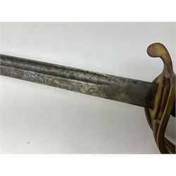 Early 20th century artillery officer's sword, the 88.5cm fullered steel blade  marked 'London Made', decorated with Royal cypher, Regimental details etc, three-bar hilt with domed pommel and wire-bound fish skin grip; in leather covered scabbard L106cm overall