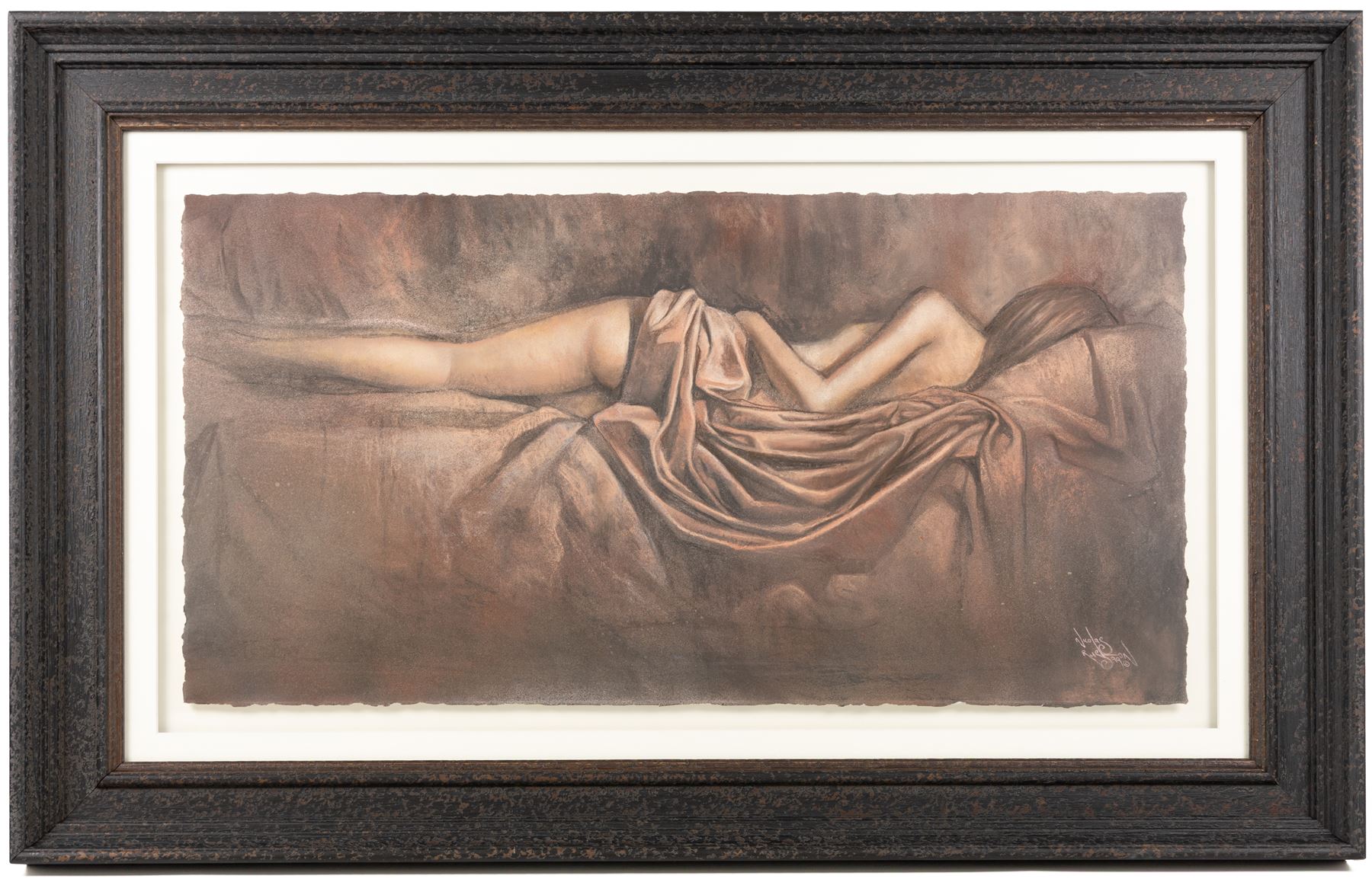 Nicolas Ruston (British 1975-): Reclining Nudes, pair of mixed media signed and dated '99, 38cm x 74cm (2)