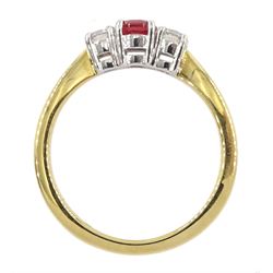 18ct gold three stone round ruby and round brilliant cut diamond ring, hallmarked