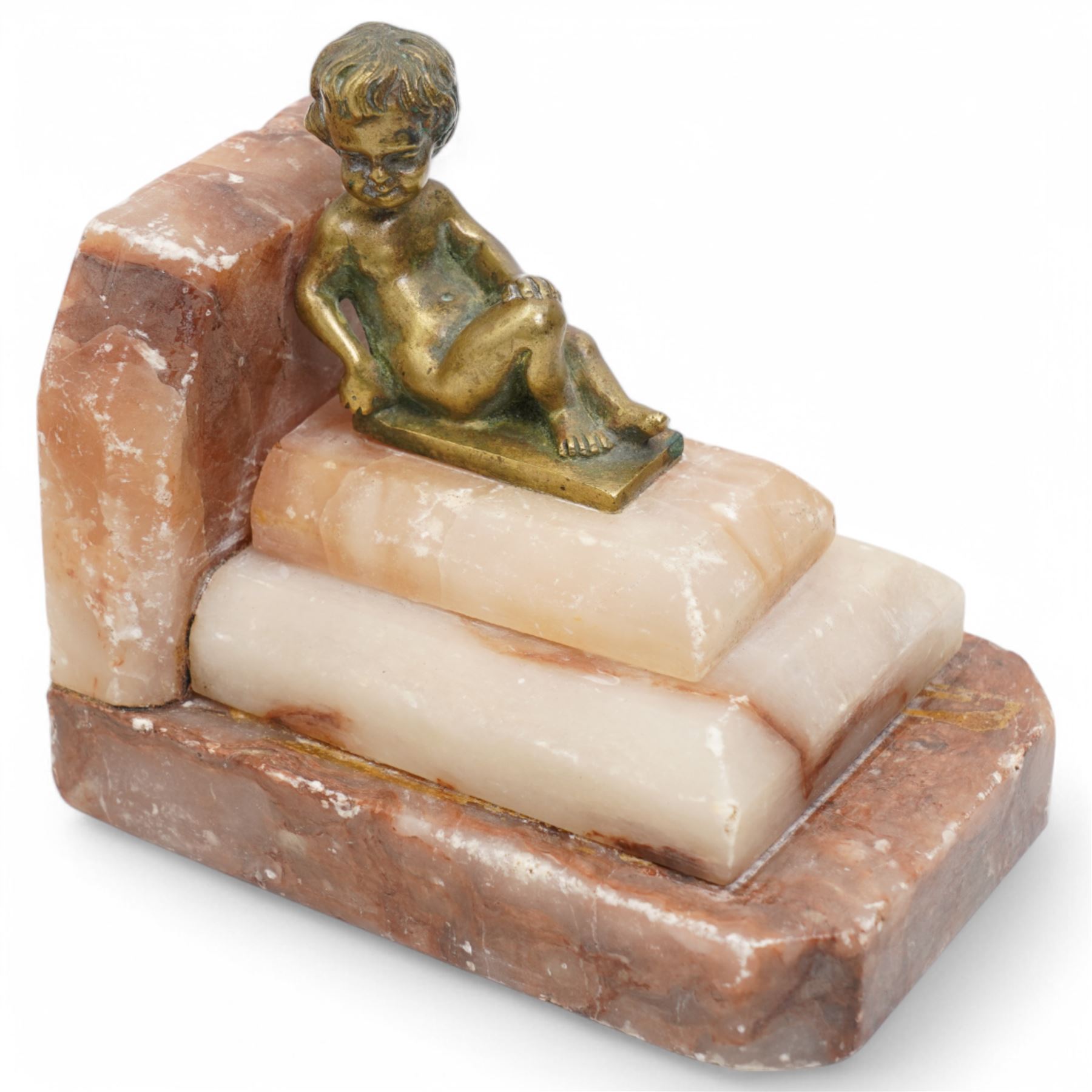 Brass and marble bookends with reclining putti figures, together with a brass figure of a cherub, bookends H8cm 