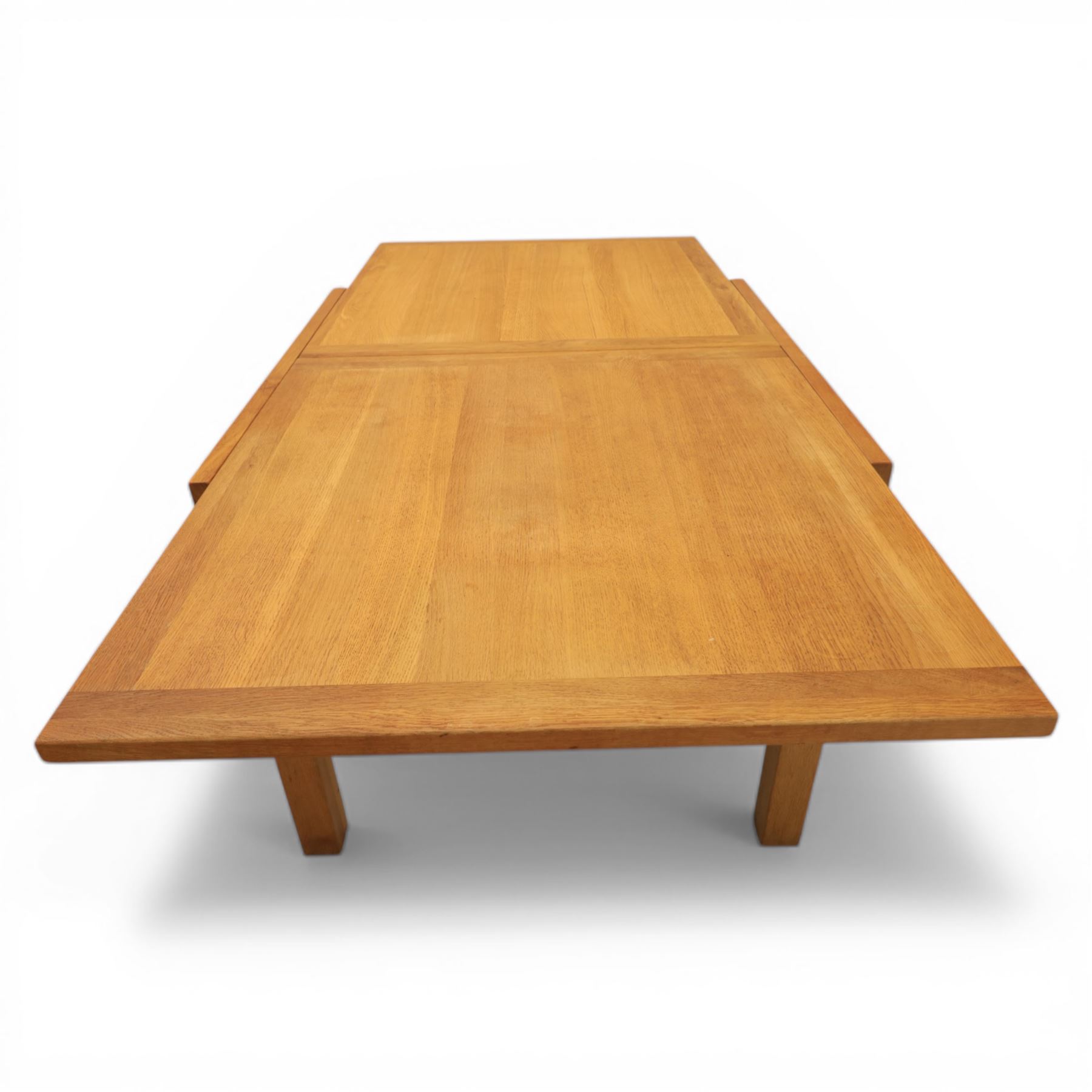 Contemporary square light oak extending dining table, and set of four chairs, table extends to 180cm