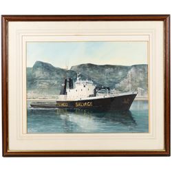 Adrian Thompson (British 1960-): Salvaliant - 1987 Semco Salvage tug boat, watercolour heightened with white signed 35cm x 46cm