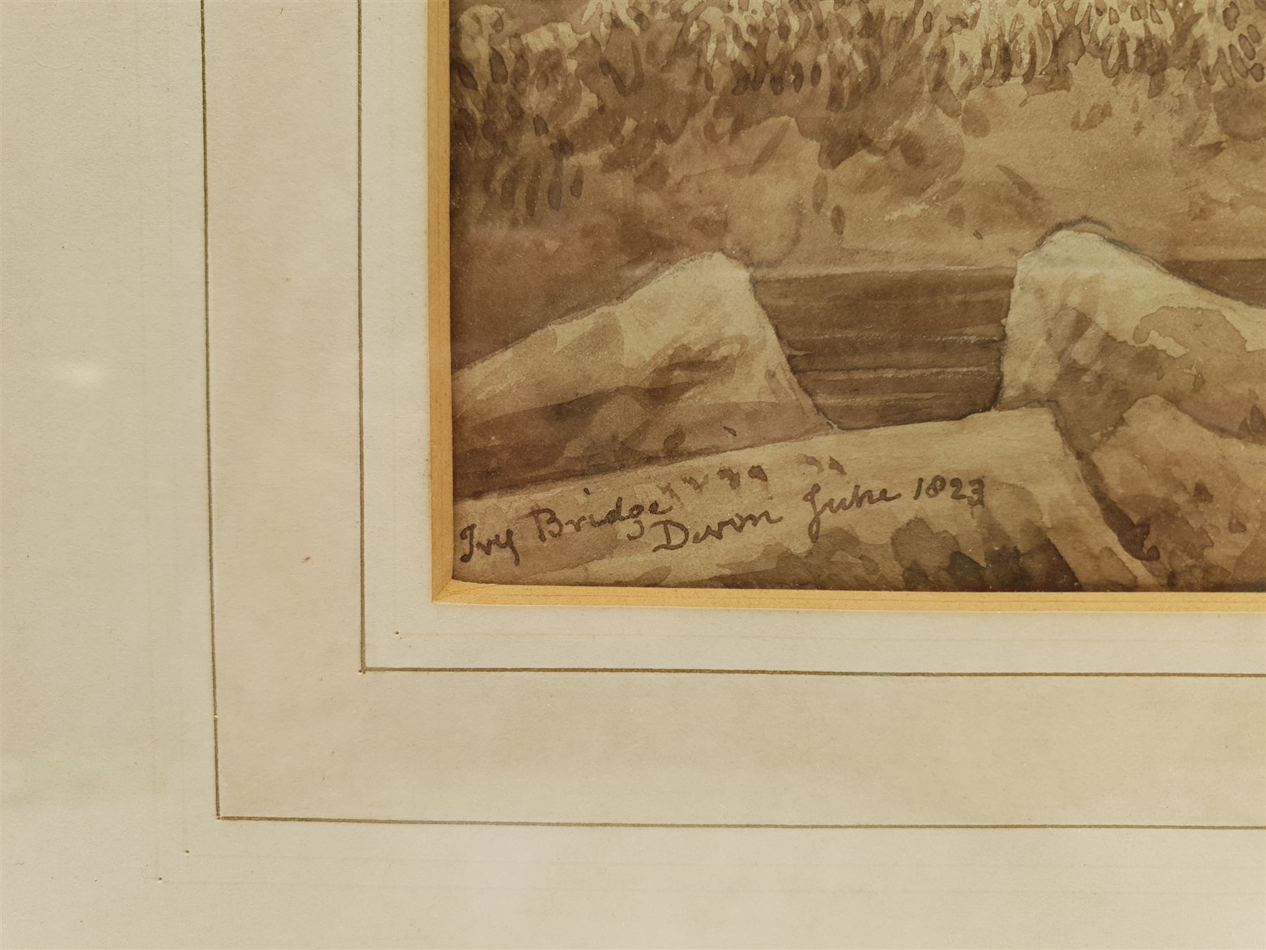J Brown (British 19th century): 'Ivy Bridge Near Plymouth', monochrome watercolour signed and dated 1823, 29cm x 39cm