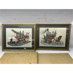 Set of four framed coloured prints humorous fire brigade related, after Chris Reynolds, together with Brooke bond picture cards, to include Asian wild life, the race into space, travel through the ages etc