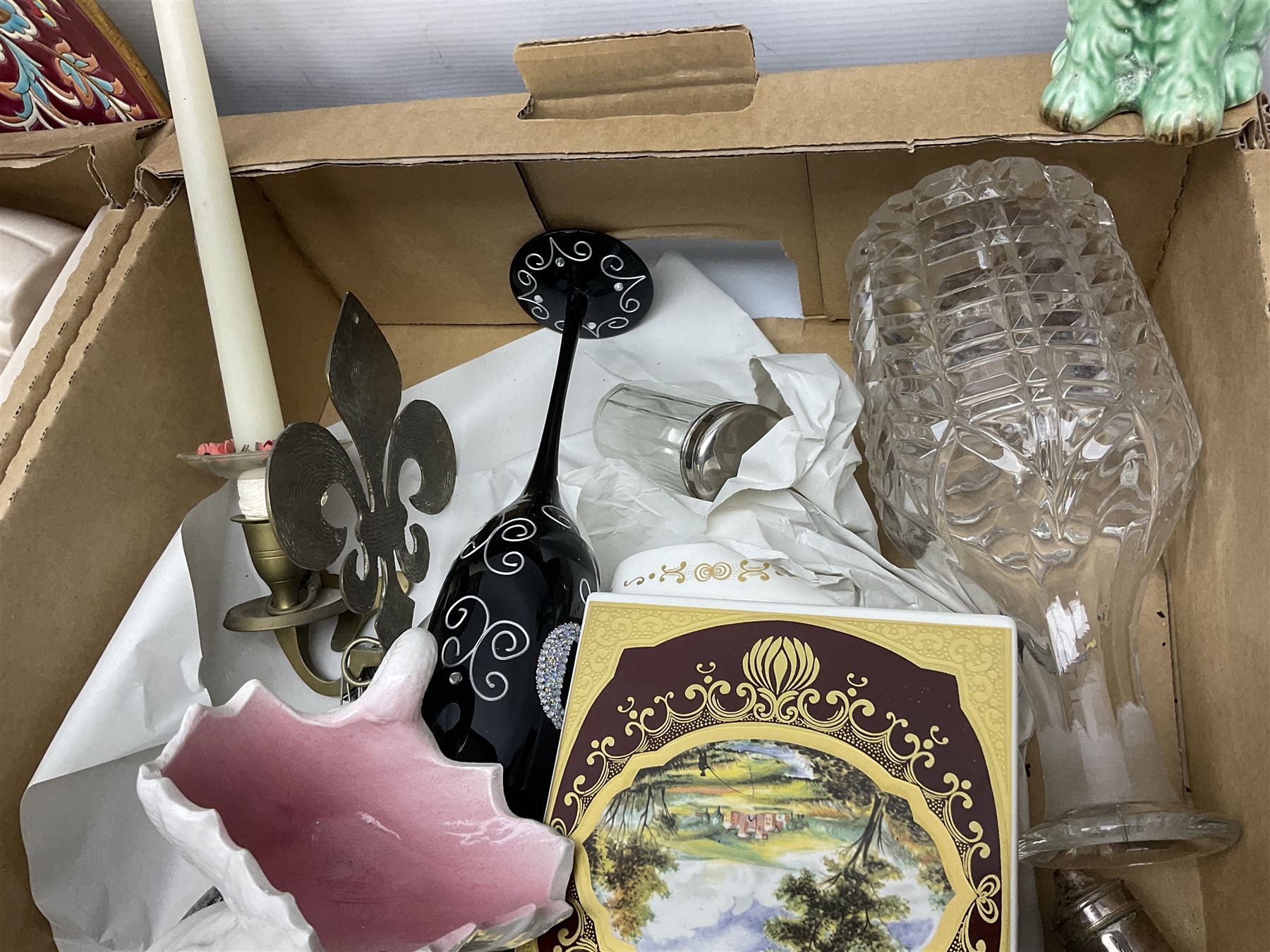 Sylvac green seated dog, together with pair Wade Heath vases, wall charger and other collectables, in two boxes  