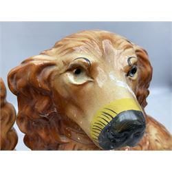 Group of Victorian and later Staffordshire style figures, to include two dogs, Prince upon horse back, horse with pink lustre patches, tall figure of a man beside his dog etc, tallest H41cm