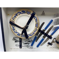 Vintage Harlequin picnic case, with tin sandwiches boxe, ceramic cups, plates, bowls and flatware for four settings, L48cm, H30cm