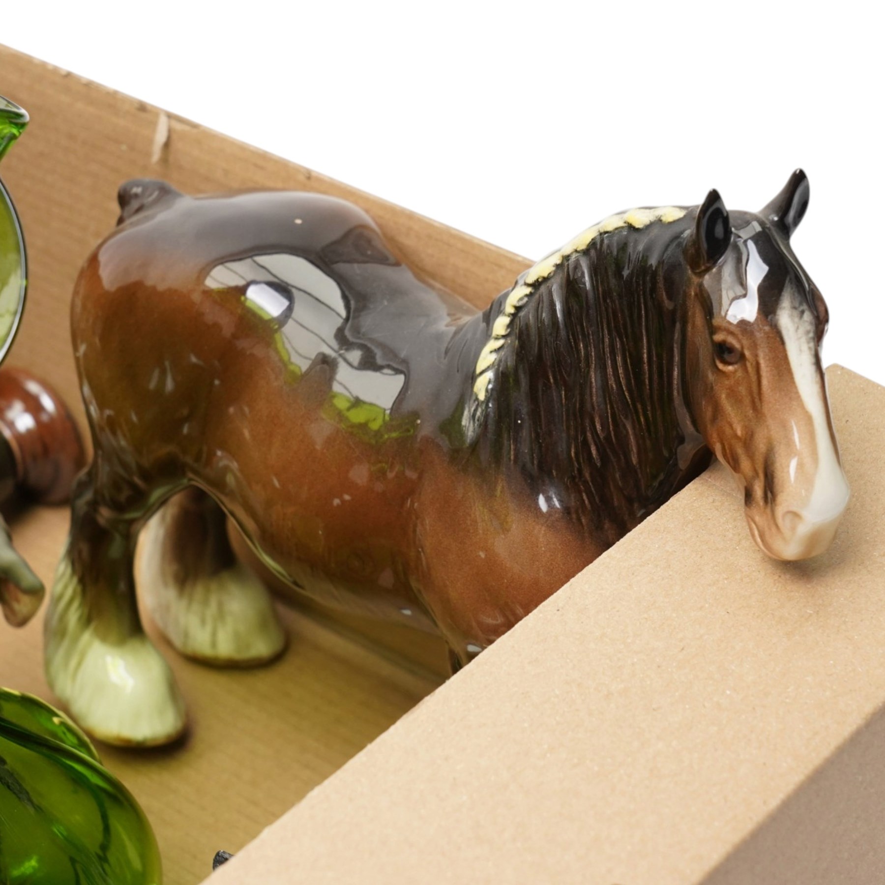 Collection of Victorian green glass, Doulton Lambeth, Beswick horse, Masons Ironstone in box, etc 
