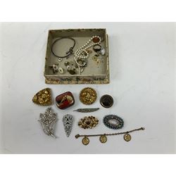 Costume jewellery including brooches, ladies compact, wristwatches, small jewellery box, coins etc