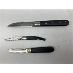 Nine pocket knives including single and multiple blade examples, one with blade stamped '1959 1/B/8011' etc