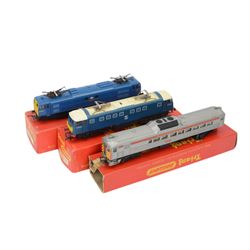 Four Triang '00' gauge diesel/electric locomotives, comprising Triang Electra 'Pandora' no. 27006, Triang R753 BR Electric Blue E3001 twin pantograph, Triang R352 Budd Rail Diesel Transcontinental Car and R751 Co-Co Type 3 Diesel locomotive, two with original boxes, two with non-original Triang boxes