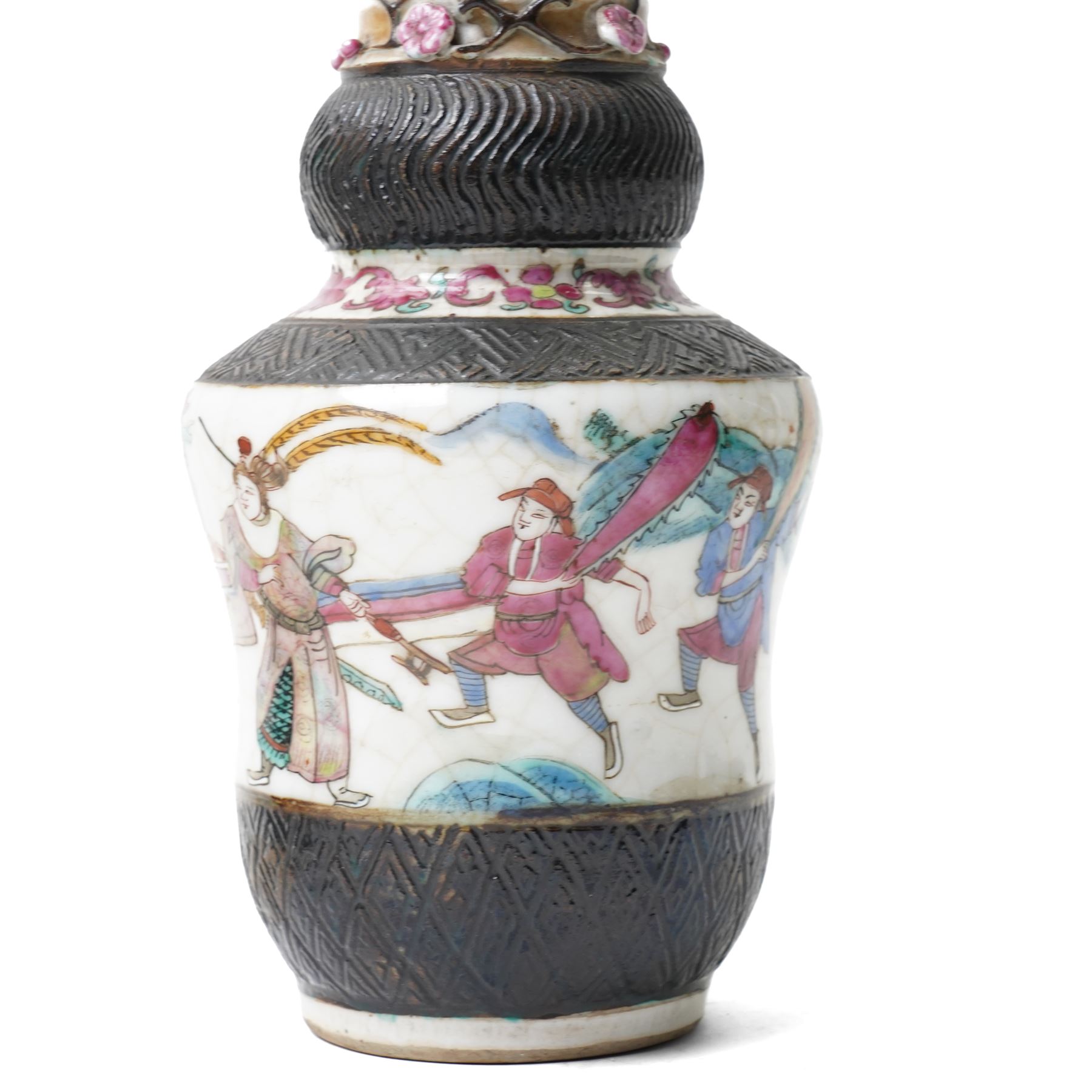 Pair of Chinese Nanking famille rose vases, painted with warriors parading, the neck moulded with cherry blossom in high relief, H24cm (2)