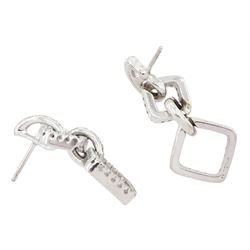 Pair of 18ct white gold round brilliant cut diamond square shaped pendant stud earrings, with diamond set bail, stamped 750, total diamond weight approx 1.10 carat