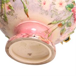 Delphin Messier (1836-1907), glazed earthenware cache-pot, decorated with three butterflies surrounded by floral and foliate motifs. upon a pink circular foot, signed beneath, H24cm