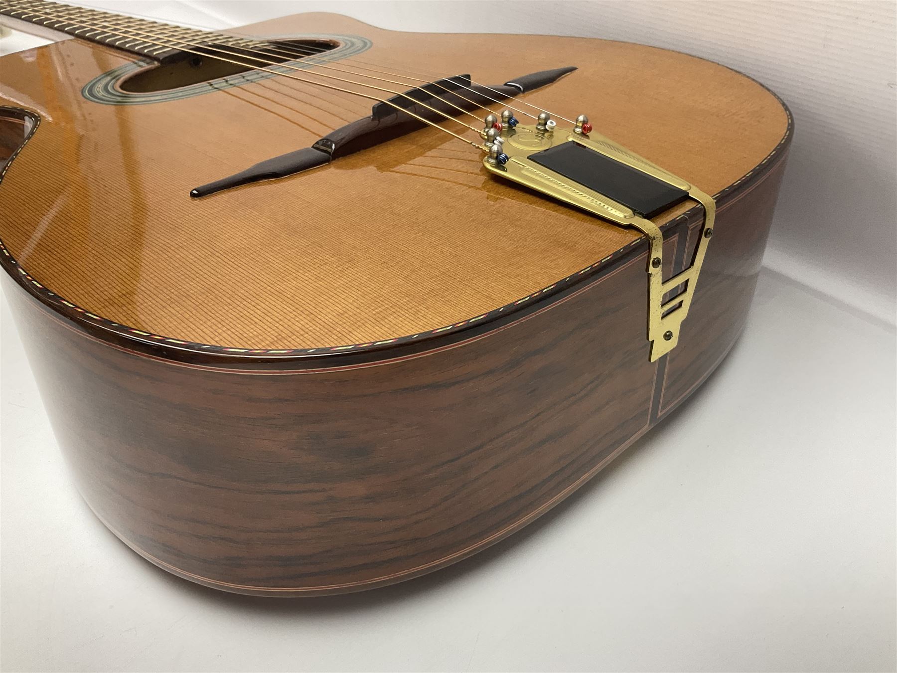 Spanish Gitano Manuel Rodriguez EMC1 Maccaferri acoustic guitar, c2000, the cedar top with D-hole, L98cm overall; in lightweight hard carrying case.