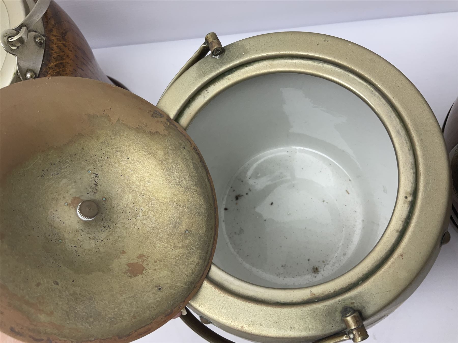 Five early 20th century biscuit barrels with silver-plated mounts, one made from Mahogany from HMS Hindustan