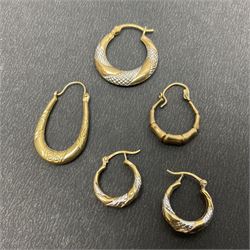 9ct gold jewellery, including rose gold cased ladies wristwatch on gilt stretch strap, pair of small hoop earrings and three other odd hoop earrings