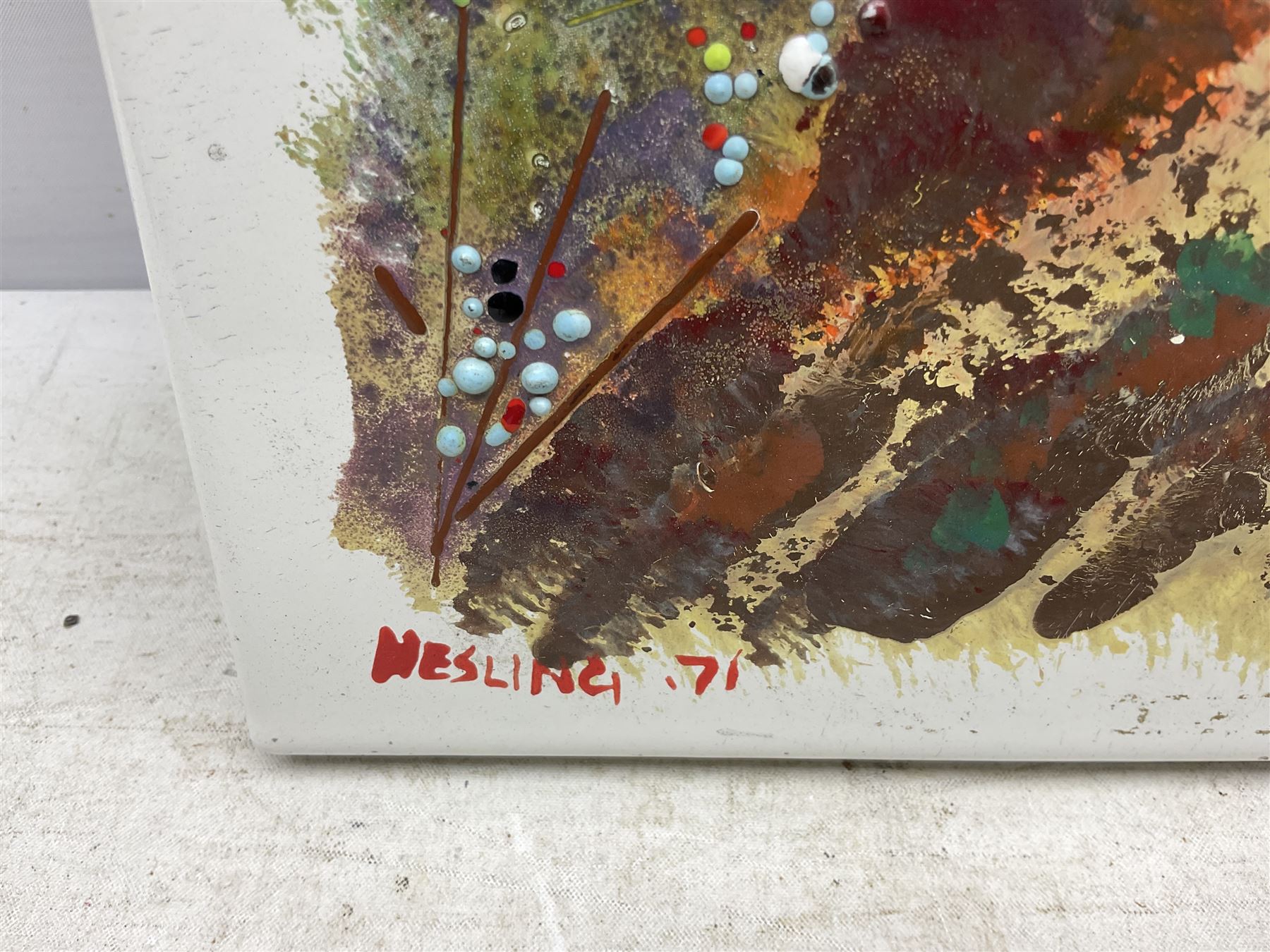 Bernard Hesling (Australian 1905-1987): 'Par Avion', vitreous enamel on metal signed titled and dated '71, 38cm x 54cm