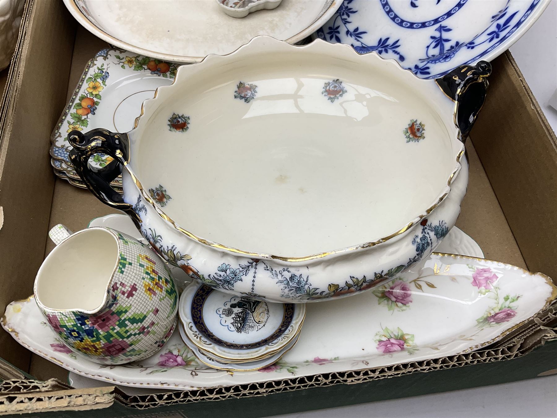 Large quantity of Victorian and later ceramics to include Spode Velamour twin handled vase, Bavaria Schumann Arzberg large circular stand and vase, Beswick Ware,  Spode, blue and white, Hanley and G Meakin, tea wares, figures, West German vase etc in six boxes