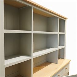 Cotswold Company - 'Chester' dresser painted dove grey with contrasting oak top, the upper rack divided into nine open shelves with panelled back, the lower section fitted with four drawers and cupboard doors enclosing storage compartments