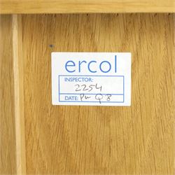 Ercol - 'Artisan' light oak dresser, upper section with cantered corners, with central open area fitted with adjustable glass shelves, flanked by twin glazed cabinets with further adjustable glass shelving, the lower section with three shorts drawers with recessed handles, above three cupboard doors with recessed handles enclosing adjustable wooden shelves, raised on short tapering supports 
