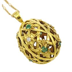 Igor Carl Faberge for Franklin Mint 14ct gold emerald and round brilliant cut diamond egg pendant, London import mark 1984, boxed