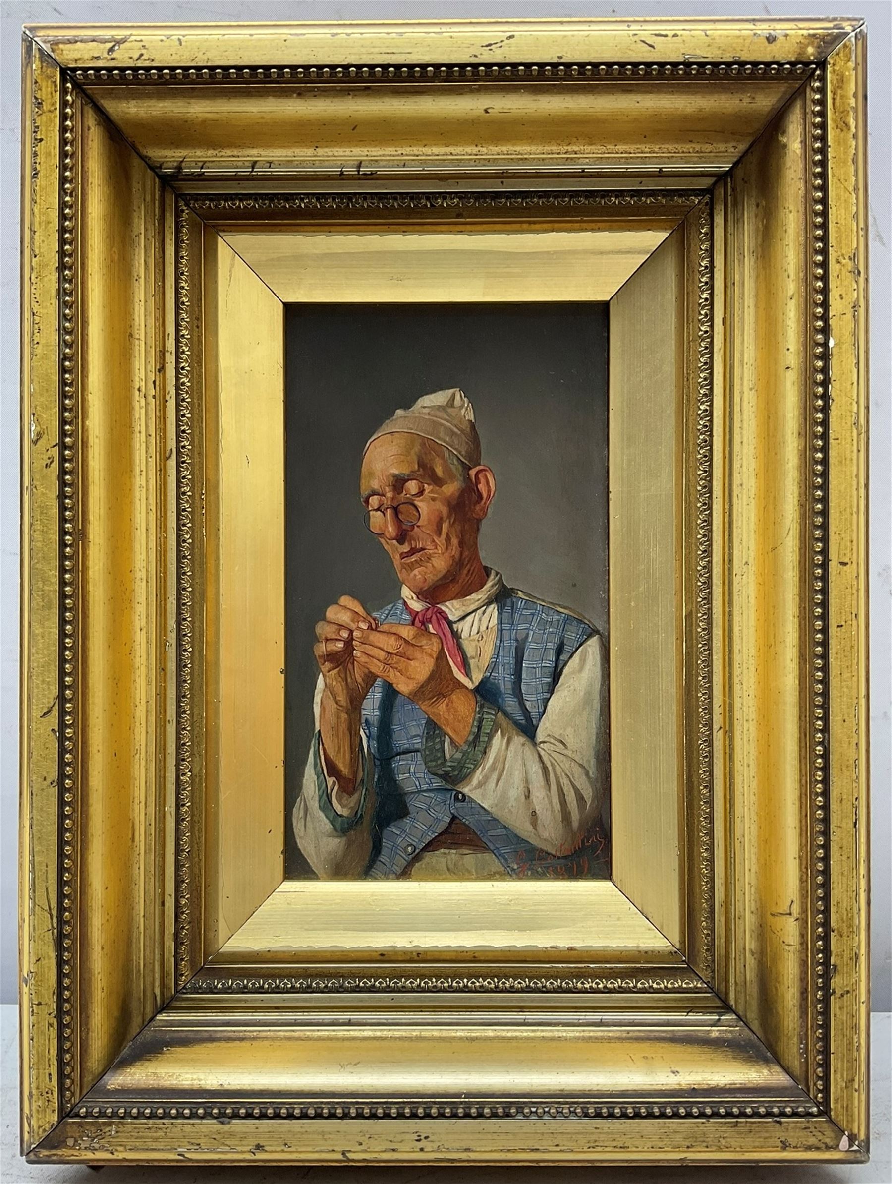 Giuseppe Costantini (Italian 1843-1894): Gentleman Threading a Needle, oil on panel signed and dated 1879, 17cm x 10cm