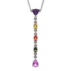 18ct white gold (tested) diamond and multi gemstone pendant on white gold chain, hallmarked 18ct   