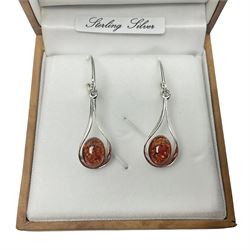 Pair of silver and Baltic amber pendant earrings, stamped 925, boxed 