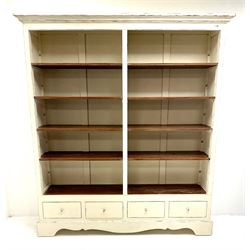 Laura Ashley Bramley range French style cream painted open bookcase, eight adjustable shelves above four drawers, shaped plinth base