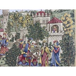 Medieval style German tapestry wall hanging suspended from carved oak pole depicting fairy-tale Rapunzel scene, H126cm W160cm approx 