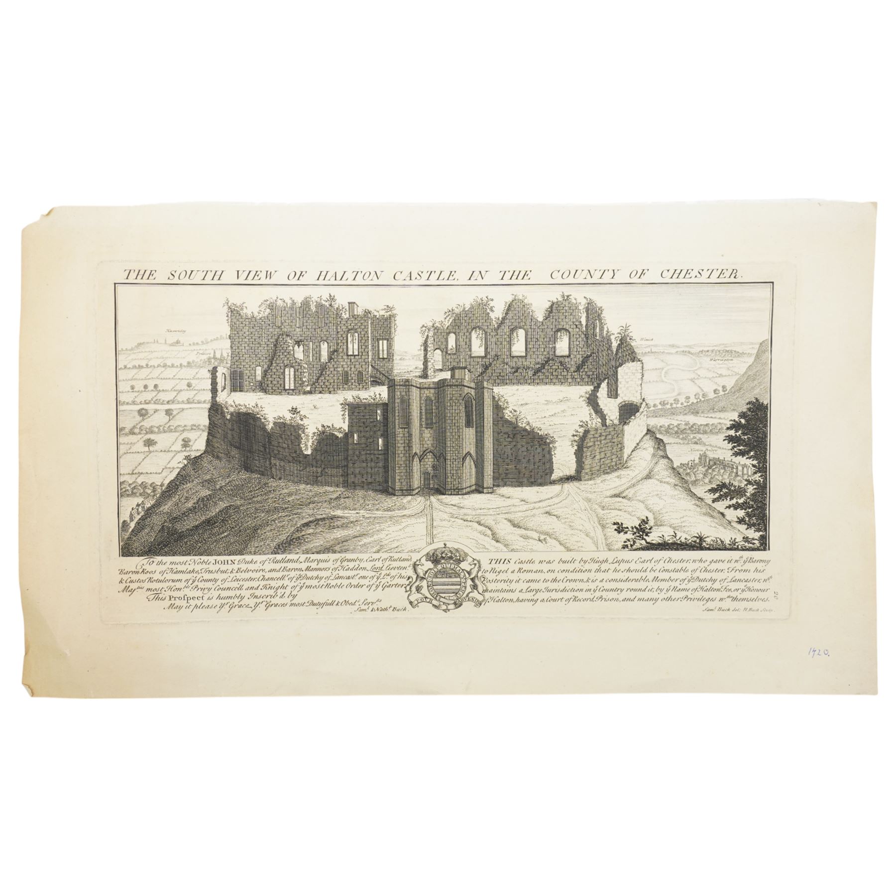 Samuel Buck (British 1696-1779) and Nathaniel Buck (British 18th century): 'West View of Codenor Castle in the County of Derby' 'East View of Dale Abby near Derby' and 'South View of Halton Castle in the County of Chester', set three 18th/19th century prospect map engravings originally pub. 1727 max 26cm x 45cm (3)
Provenance: English Heritage