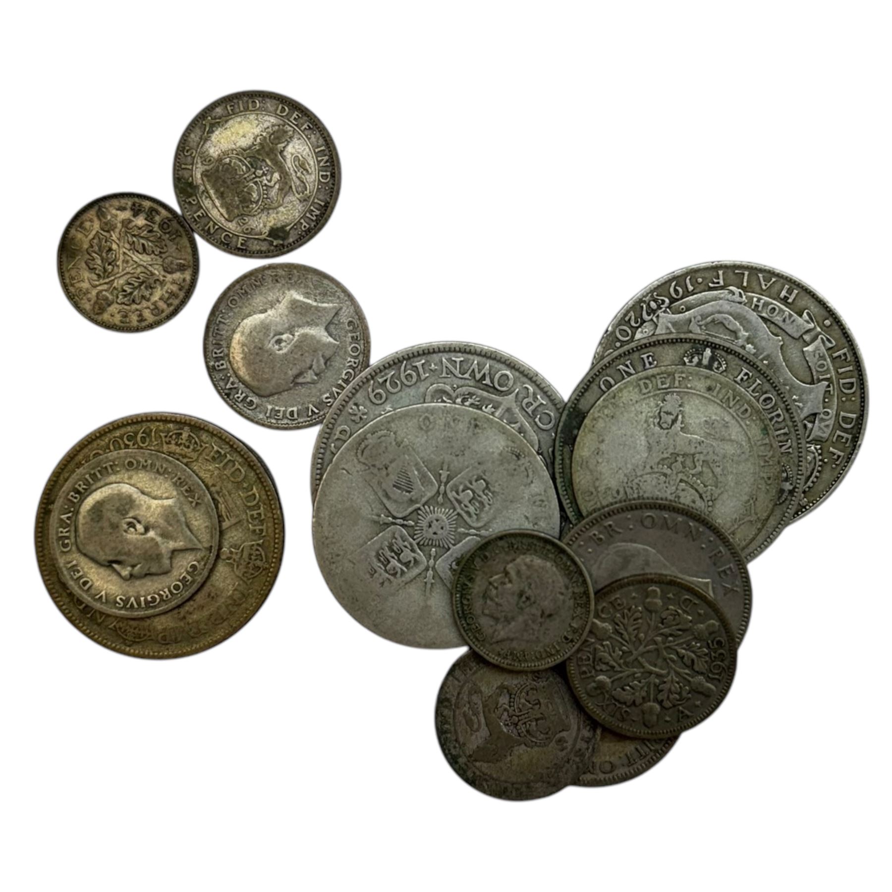 Approximately 95 grams of Great British pre 1947 silver coins, other pre-decimal coinage, commemorative crowns, Britain's first decimal coins in blue wallet, world coins etc