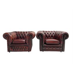 Pair chesterfield armchairs in oxblood leather 